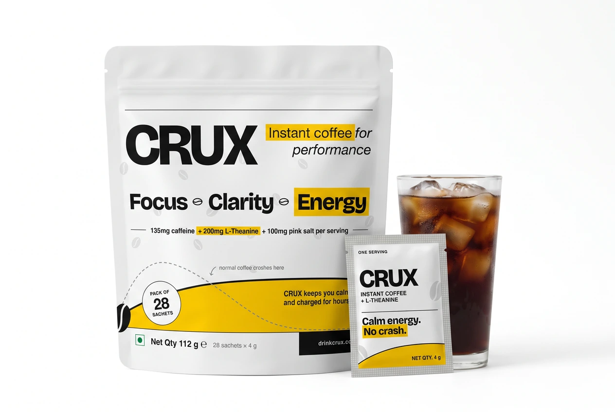 CRUX matte-white pouch with a single-serve sachet and a glass of iced coffee