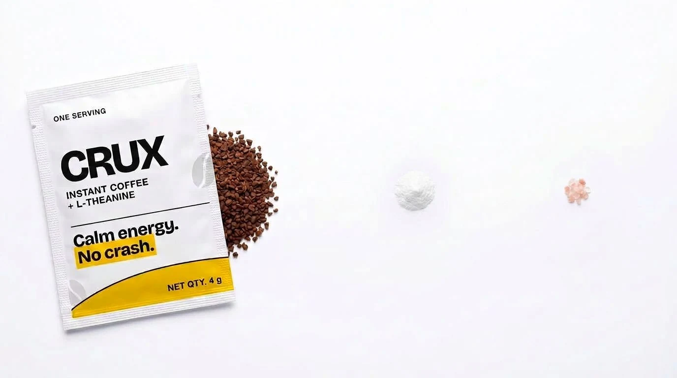 A CRUX sachet beside its coffee, L-Theanine and Himalayan pink salt in their true relative quantities