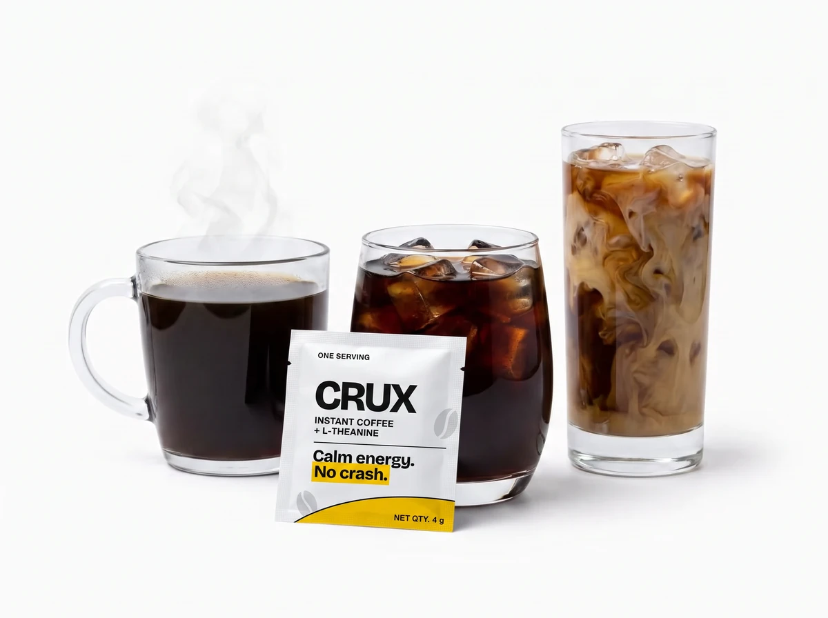 One CRUX sachet with three finished drinks: hot black coffee, iced black coffee and iced coffee with milk