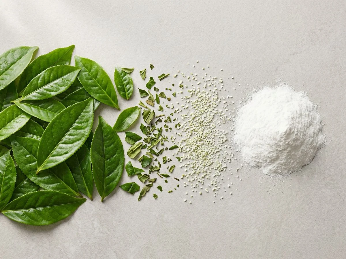 Fresh green tea leaves gradually transforming into fine white L-Theanine powder