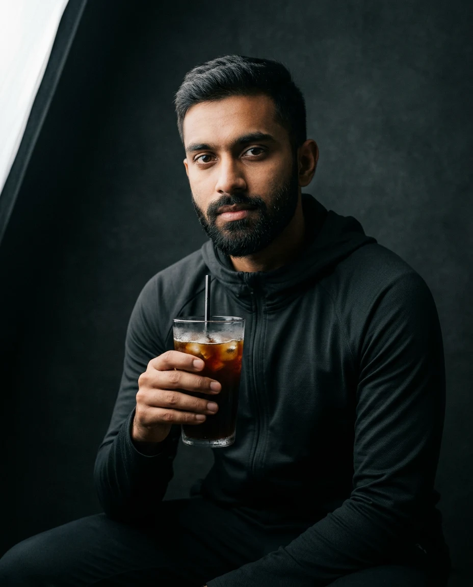 A calm, focused person holding a glass of iced CRUX coffee