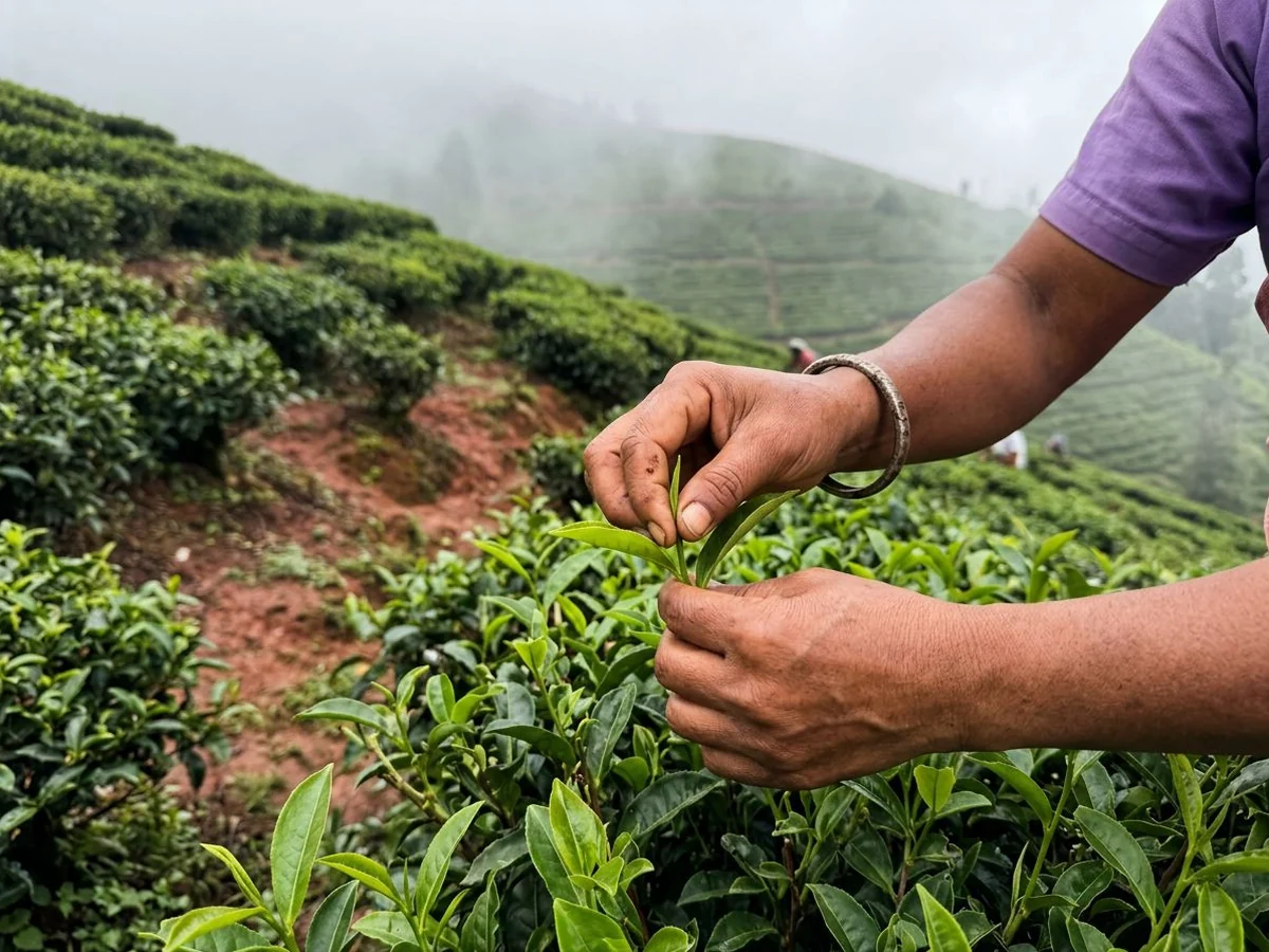 A tea worker plucking tender green tea leaves on a misty hillside estate